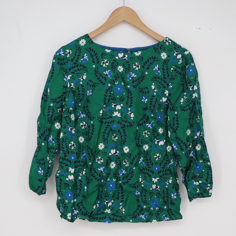 Boden Blouse Womens 8 Floral Botanical Green Silk Blend 3/4 Sleeve Excellent